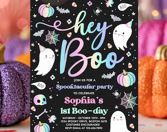 Editable Halloween Pastel Ghost Birthday Invitation Hey Boo Girly Cute Ghost Birthday Party Spooktacular Halloween Party Instant Download DQ