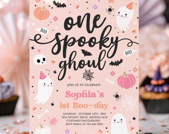 Editable One Spooky Ghoul Cute Pink Ghost 1st Birthday Party Invitation Cute Pink Ghost 1st Birthday Spooktacular Party Instant Download DS