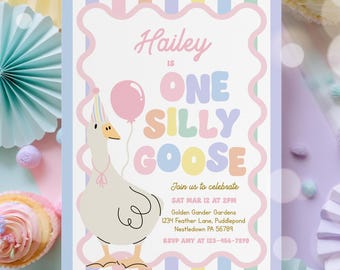 Editable One Silly Goose Birthday Party Invitation Pastel Pink Sweet Goose Birthday Girly Spring 1st Birthday Party Instant Download CX3