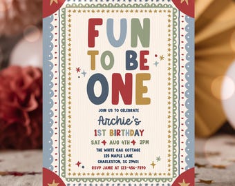 Editable Fun To Be One Birthday Invitation Boy Vintage Whimsical Frame First Birthday Party Invite Instant Download T9U