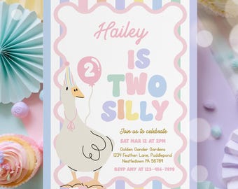 Editable Two Silly Goose Birthday Party Invitation Pastel Pink Sweet Goose Birthday Girly Spring 2nd Birthday Party Instant Download CX3