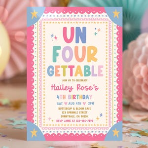 Editable Un-Four-Gettable 4th Birthday Invitation Girl Vintage Whimsical Frame Fourth Birthday Party Invite Instant Download T9G