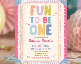Editable Fun To Be One Birthday Invitation Girl Vintage Whimsical Frame First Birthday Party Invite Instant Download T9G