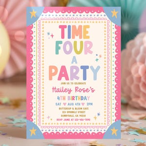 May include: A rectangular birthday party invitation card with a cream background, pink scalloped borders, and blue corners featuring yellow stars. The text reads: TIME FOUR A PARTY, JOIN US TO CELEBRATE Hailey Rose's 4TH BIRTHDAY, SAT AUG 4TH 2PM, BUTTERCUP & BLOOM CAFE, 123 SPRINKLE STREET, SUNNYDALE, CA 90210, RSVP JAMIE AT 123-456-7890.