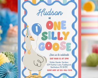 Editable One Silly Goose Birthday Party Invitation Stripe Rainbow Silly Goose Spring 1st Birthday Instant Download CX4