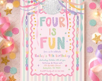 Four Is Fun 4th Birthday Invitation Girl Whimsical Garland Pastel Rainbow 4th Birthday Party Invite Digital Template or Printed U71