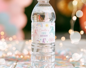 Editable Unicorn Birthday Water Bottle Wraps Magical Pastel Rainbow Unicorn Party Whimsical Fairytale Unicorn Party Instant Download UY6