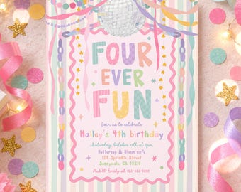 Four Ever Fun 4th Birthday Invitation Girl Whimsical Garland Pastel Rainbow 4th Birthday Party Invite Digital Template or Printed U71