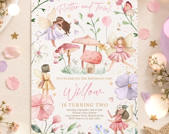 Peut inclure: Une carte d'invitation d'anniversaire rectangulaire avec des illustrations à l'aquarelle de fées, de champignons et de fleurs. Le texte indique : Flutter and Twirl, TO CELEBRATE THE BIRTHDAY GIRL, Willow, IS TURNING TWO, Saturday, September 12th at 2pm, Willow's Pixie Hollow, 1234 Summer Drive, Boston 56789, RSVP Amy at 123-456-7890.