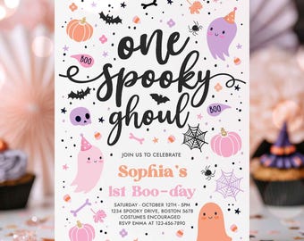 Editable One Spooky Ghoul Cute Pink Ghost 1st Birthday Party Invitation Cute Pink Ghost 1st Birthday Spooktacular Party Instant Download F6