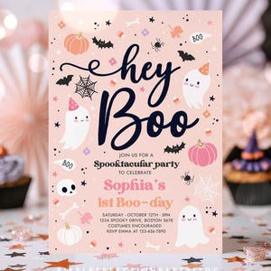 Editable Halloween Pink Ghost Birthday Invitation Hey Boo Girly Cute Ghost Birthday Party Spooktacular Halloween Party Instant Download DS
