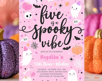Editable Five Is A Spooky Vibe Halloween Ghost 5th Birthday Party Invitation Cute Ghost 5th Birthday Spooktacular Party Instant Download F4