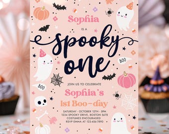 Editable Spooky One Halloween Ghost 1st Birthday Party Invitation Cute Pink Ghost 1st Birthday Spooktacular 1st Birthday Instant Download DS