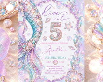 Mermaid 5th Birthday Party Invitation Girl Whimsy Under The Sea Ocean Dive Into Five Iridescent Party Invite Digital Template or Printed MW1