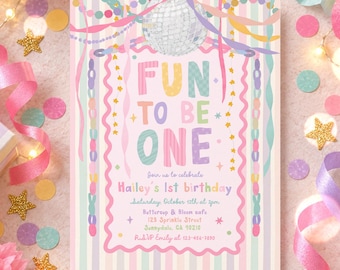 Fun To Be One Birthday Invitation Girl Whimsical Garland Pastel Rainbow 1st Birthday Party Invite Digital Template or Printed U71