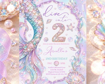 Mermaid 2nd Birthday Party Invitation Girl Whimsy Under The Sea Ocean Dive Into Two Iridescent Party Invite Digital Template or Printed MW1