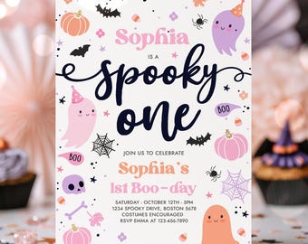 Editable Spooky One Halloween Ghost 1st Birthday Party Invitation Cute Pink Ghost 1st Birthday Spooktacular 1st Birthday Instant Download F6
