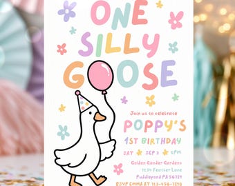 Editable One Silly Goose 1st Birthday Party Invitation Pastel Rainbow Silly Goose Girl 1st Birthday Party Instant Download CT2