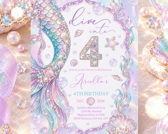 Mermaid 4th Birthday Party Invitation Girl Whimsy Under The Sea Ocean Dive Into Four Iridescent Party Invite Digital Template or Printed MW1