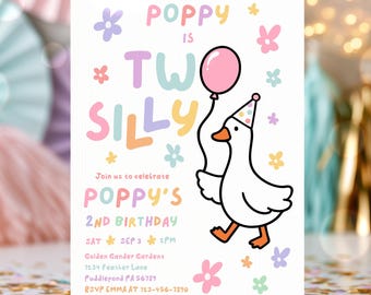 Editable Two Silly Goose 2nd Birthday Party Invitation Pastel Rainbow Silly Goose Girl 2nd Birthday Party Instant Download CT2