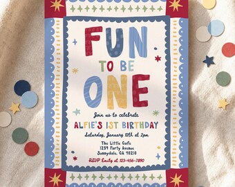 Fun To Be One Birthday Invitation Boy Whimsical Colorful 1st Birthday Party Invite Digital Download or Printed YW1