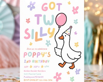 Editable Got Two Silly Goose 2nd Birthday Party Invitation Pastel Rainbow Silly Goose Girl 2nd Birthday Party Instant Download CT2