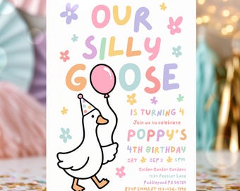 Editable Silly Goose Birthday Party Invitation Pastel Rainbow Silly Goose Girl Any Age Birthday Party Instant Download CT2