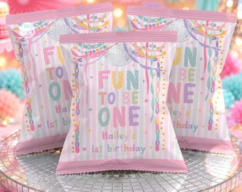 1st Birthday Chip Bag Wrapper Fun To Be One Whimsical Party For A Girl Garland Pastel Rainbow Party Favors Digital Download U71