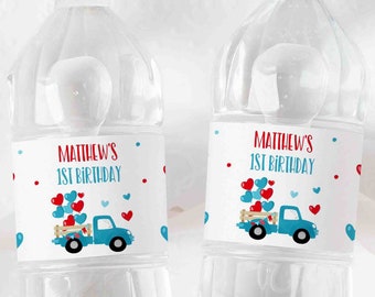 Editable Valentine Birthday Water Bottle labels Blue Valentine Party Truck Valentines Sweetheart Birthday Party Decor Instant Download TV