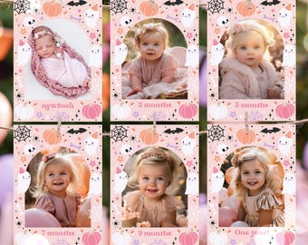 Editable Spooky One 1st Birthday Monthly Photo Banner Girl Pink Halloween Ghost Monthly Banner Spooktacular Halloween Instant Download DS