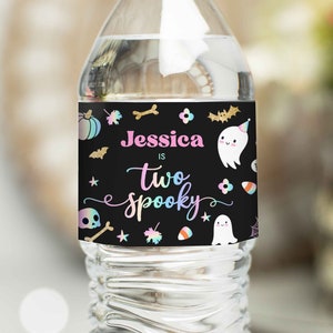 Editable Pastel Halloween Water Bottle Wrap Labels Pink Ghost Two Spooky Spooktacular Halloween Birthday Decor Favors Instant Download DQ