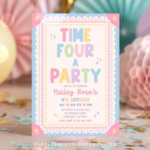 May include: A rectangular party invitation card with a pastel border of stars and scalloped lines. The text reads: TIME FOUR A PARTY, JOIN US TO CELEBRATE Hailey Rose's 4TH BIRTHDAY, SAT AUG 4TH 2PM, BUTTERCUP & BLOOM CAFE, 123 SPRINKLE STREET, SUNNYDALE, CA 90210.