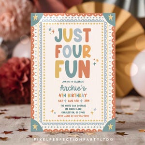 Editable Just Four Fun 4th Birthday Invitation Boy Vintage Whimsical Frame First Birthday Party Invite Instant Download T7U