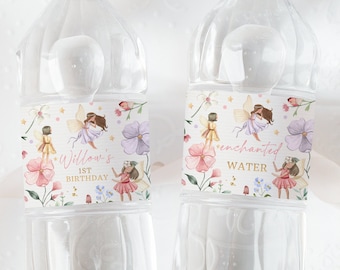 Editable Fairy Birthday Party Water Bottle Labels Enchanted Magical Floral Fairy Princess Party Water Bottle Wraps Instant Download SF