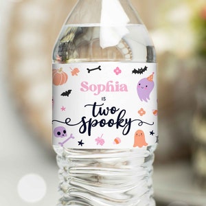Editable Pink Halloween Water Bottle Wrap Labels Pink Ghost Two Spooky Spooktacular Halloween Birthday Decor Favors Instant Download F6