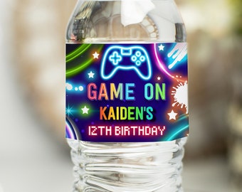 Editable Video Game Birthday Party Water Bottle Label Neon Gamer Birthday Game On Level Up Party Glow Gamer Party Decor Instant Download KN