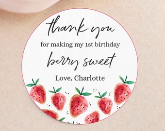 Editable Strawberry Birthday Party Favor Tag Berry First Birthday Party Circle & Square Tags Label Berry Sweet Birthday Instant Download VC