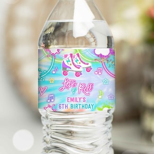 Editable Roller Skating Birthday Party Water Bottle Labels Tie Dye Roller Skating Bottle Wraps Neon Glow Skating Party Instant Download G1