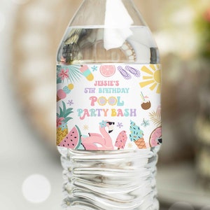 Editable Pool Party Water Bottle Labels Tropical Splish Splash Girly Pool Party Summer Swimming Pool Splash Pad Party Instant Download FK