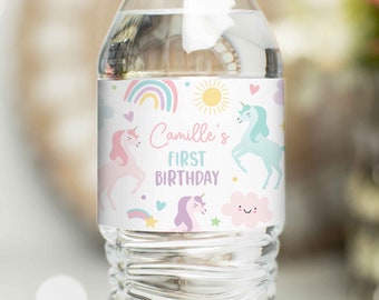 Editable Unicorn Birthday Water Bottle Wraps Magical Pastel Rainbow Unicorn Party Whimsical Fairytale Unicorn Party Instant Download UY6