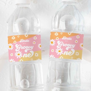 Editable Groovy Birthday Party Water Bottle Label Pink Retro Groovy Floral 70s Birthday Party Hippie Festival Vibes Instant Download J1