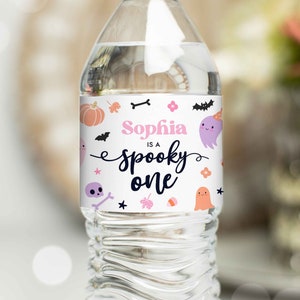 Editable Pink Halloween Water Bottle Wrap Labels Pink Ghost Spooky One Spooktacular Halloween Birthday Decor Favors Instant Download F6
