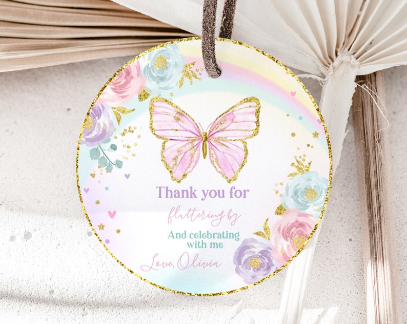 Editable Butterfly Birthday Favor Tags Whimsical Pink And Gold Floral Butterfly Stickers Tags Toppers Instant Download