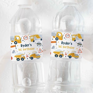 Editable Construction Water Bottle Labels Dump Truck Digger Excavator Construction Birthday Party Water Bottle Wraps Instant Download AC