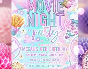 Editable Movie Night Birthday Invitation Pastel Rainbow Glow Movie Birthday Party Movie Night Popcorn Sleepover Party Instant Download Y7T