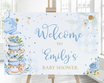 Editable Tea Party Baby Shower Welcome Sign Blue & Gold Whimsical Floral A Baby Is Brewing Baby Shower Decorations Instant Download TR