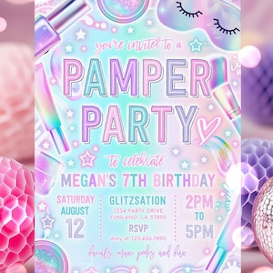 Editable Pamper Party Birthday Invitation Neon Glow Pamper Spa Party Invitation Glitz and Glam Makeup Neon Glow Party Instant Download Y7T
