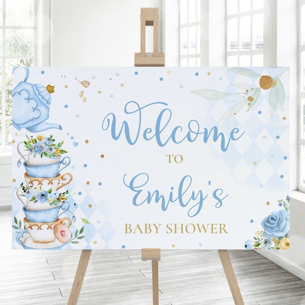 Editable Tea Party Baby Shower Welcome Sign Blue & Gold Whimsical Floral A Baby Is Brewing Baby Shower Decorations Instant Download TR