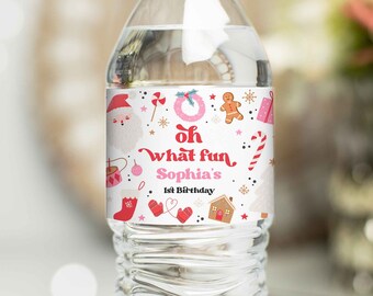 Editable Christmas Birthday Party Water Bottle Label Oh What Fun Christmas Birthday Party Red & Pink Christmas Party Instant Download HHY