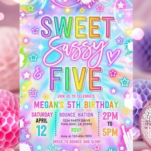 Editable Sweet Sassy And Five Birthday Party Invitation Neon Glow Sweet And Sassy 5th Birthday Party Instant Download T8U
